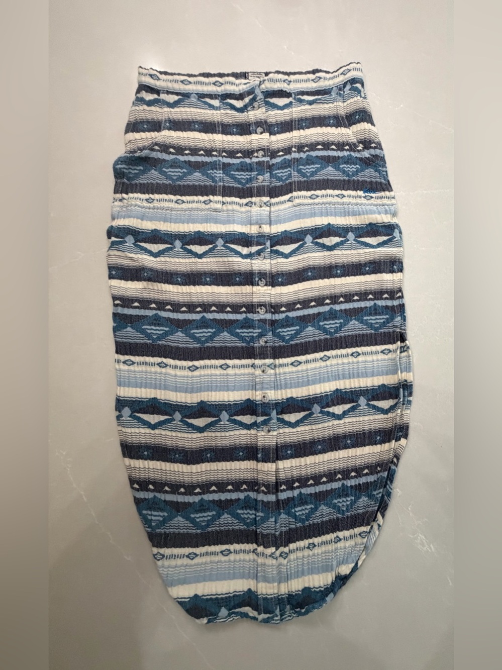 KAVU Vonn Aztec Striped Button Front Midi Organic Cotton Skirt Blue/White, M